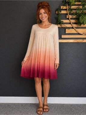 Entro Ombré Midi Dress M Boho Cream to Burgundy Long Sleeve Flowy